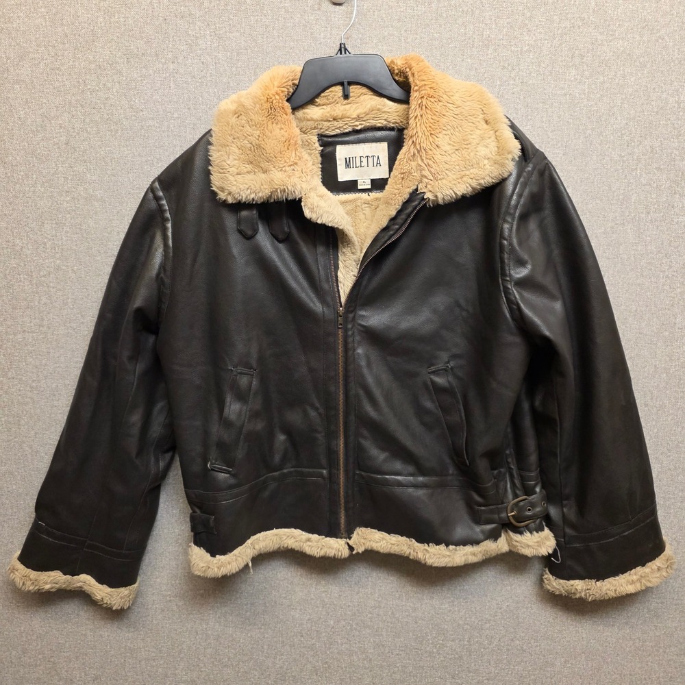 Miletta Mens XL Faux Leather Aviator Bomber Jacket Shearling Lined Brown B-3